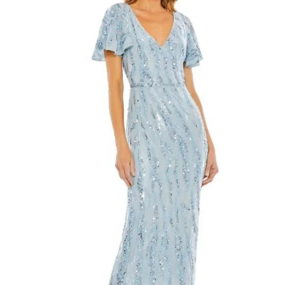 MAC DUGGAL 93591 SEQUINED V-NECK FLUTTER SLEEVE TEA LENGTH POWDER BULE GOWN 18 - Picture 8 of 9